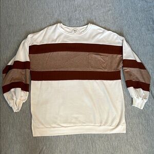 BKE White and Brown Crewneck Sweater with Stripes